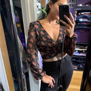 Black Floral Chiffon Crop Top